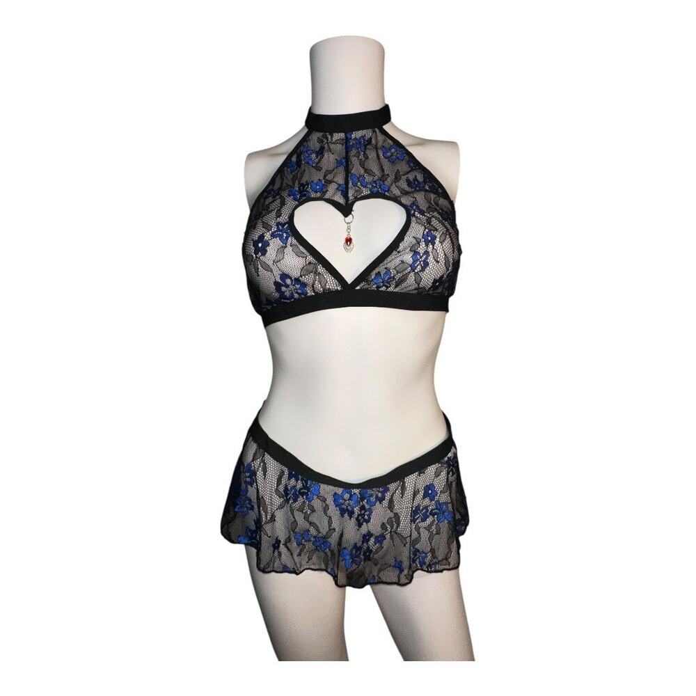 XL lingerie black blue lace halter choker-style band lace open back mini skirt​